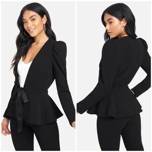 🌟 Bebe Black Stretch Tie-Front Puff-Shoulder Fitted Peplum Blazer